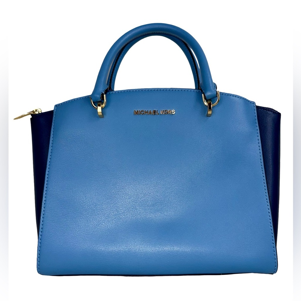 MICHAEL KORS ELLIS LARGE SATCHEL IN SKY BLUE/NAVY BLUE LEATHER COMBO